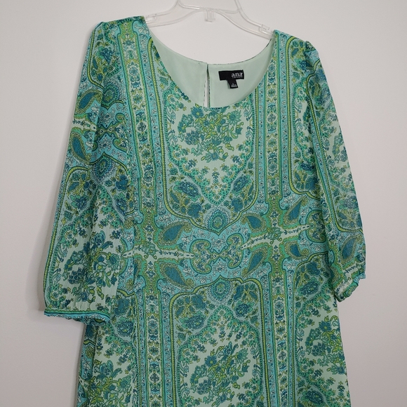 a.n.a. green & blue pasley print midi dress. Size L. - Picture 2 of 6
